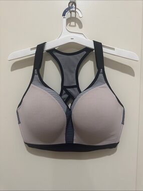 Women’s Victoria Secret High-Support White and Gray Racerback Sports Bra, 34DD